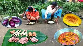 CHICKEN PARTS with BRINJAL & PUMPKIN curry so delicious recipe cooking and eating by tribal family
