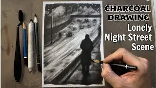 #177 Charcoal Drawing  Lonely Night Street Scene
