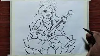 how to drawma saraswati easy line art drawing step by step for beginners,saraswati thakur drawing,