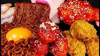 ASMR GIANT FRIED CHICKEN & BLACK BEAN NOODLES 황금올리브 양념치킨 짜파게티 먹방 Mukbang, Eating