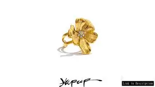 Yhpup Women's Adjustable Golden Flower Ring Rhinestone Stainless Steel Big Trending Finger Jewelry A