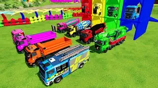 TRANSPORTING ALL COLORED MIXER CEMENT TRUCK,FIRE TRUCK,DUMP TRUCK TO GARAGE WITH FLATBED TRUCK