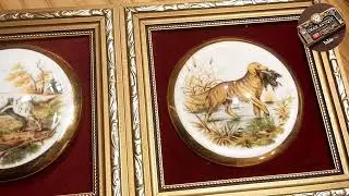 Rare Hand-Painted Porcelain Dog Plaque &ndash; Framed Antique Wall Art