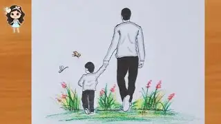 How to draw father and son in the garden| Fathers day drawing | father and daughter drawing | simple