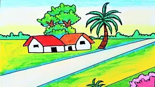 Easy landscape drawing for kids and beginners|Learn house and nature simple painting|Nature scenery 