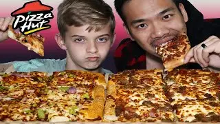 PIZZAHUT EXTRA LARGE PANORMOUS PIZZA HALF BBQ CHICKEN & HALF MEAT LOVERS! MUKBANG ASMR