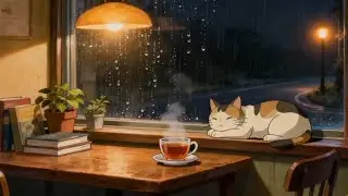 🎶 Rainy Ghibli Cat Cafe Ambience ☕ 3 Hour Relaxing Music & Rain Sounds for Study, Sleep, Focus