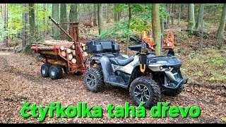 ATV čtyřkolka Linhai , Husgvarna a vyvážečka za čtyřkolku se rovná práce v lese. Těžba dřeva podzim.