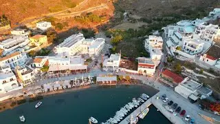 Loutra, Kithnos, Greece - drone footage over the marina after sunrise - 01
