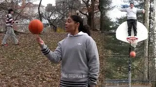 Harlem Globetrotter Crissa - “ How to spin basketball on finger “ & stand on rim with magic effects
