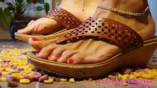 ASMR Food Crush Fruit Loops Walkover Crush Fetish Grind Brown Sandals #asmr #crush #crushing #feet
