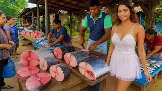 Peaceful Village Life with Expert Fish Cutting at Hidden Market