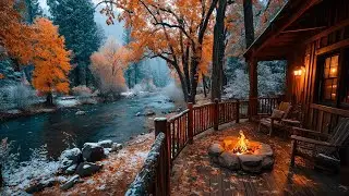 When Autumn Meets Winter | Riverside Cabin Porch & Campfire Crackles Sounds