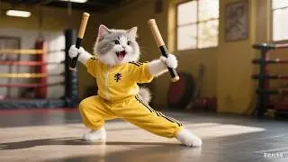 Веселое путешествие котёнка Tiger-Hat в Гонконг: подражание статуе Брюса Ли