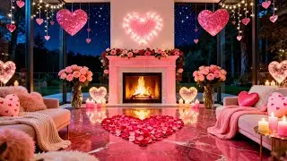💗 Pink Valentine&rsquo;s Night ✨ Cozy Fireplace Ambience with Roses & Crackling Fire Sounds | 4K