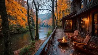 Calm Riverside Cabin | Cozy Porch Birds Singing & Campfire Ambience