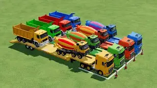 Гараж в ярких красках - красочный экскаватор, бетоносмеситель Volvo FMX, перевозимый самосвалом с...