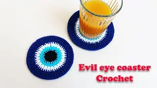 cute evil eye coaster crochet tutorial | how to crochet a coaster