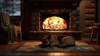 A cozy winter cabin interior at night, a realistic stone fireple