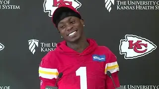 Chiefs WR Xavier Worthy talks to reporters