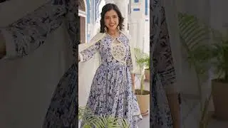 Ice Blue Floral Print Anarkali Suit set in mulmul(set of 3)