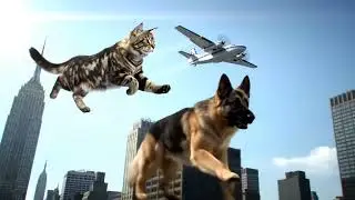 cat and dog running in new york city under the air plane