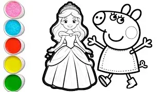 Peppa pig with princess drawing and coloring for kids and toddlers || easy peppa pig drawing for kid
