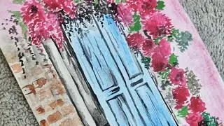 Watercolor painting, old door with flowers painting 