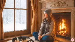 Snowy Holiday Dreams: Girl, Cat & Heartwarming Vibes, Sleeping Cat + Golden Fireplace & Winter Bliss