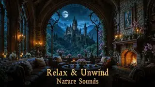 Moonlit Castle Library Ambience 🌙🏰 No Music | Fire Crackling & Nature Sounds for Sleep & Relaxation