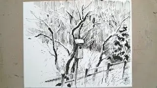 #drawing #inkandpen #art  Bird cage on the snowy tree. Ink drawing.