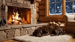 Cozy Dog Sleeping by the Fireplace 🔥❄️ | Snow Falling Outside the Window & Fire Sounds | 🔥❄️ |