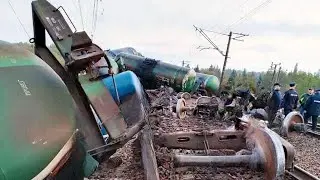 A train carrying 15 fuel tanks derailed in St. Petersburg, Russia.