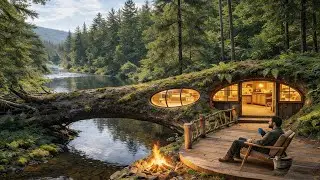 Solo Survival: Building a Wooden House by the River | No Talking ASMR