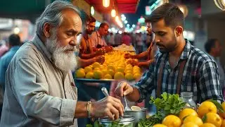 Desi men making lemon limca drink in food street