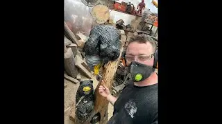 Tuning up this chainsaw carved statue of two bear cubs