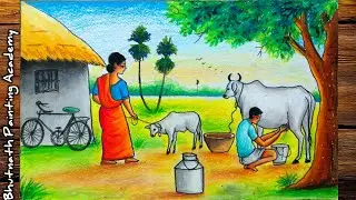Scenery drawing of indian village with oil pastel color||nature ||cow
