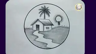 Pencil circle scenery drawing | easy circle scenery drawing | house circle scenery drawing 