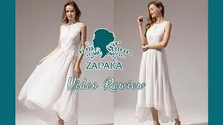 Women White Long Chiffon Bridesmaid Dress Round Neck Lace Dress | ZAPAKA