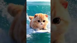 Adorable Kitten Learning to Surf 🏄&zwj;♂️ Cute Cat Surfing Adventure at the Beach