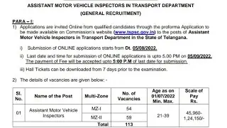 TSPSC Assistant Motor Vehicle Inspectors  Notification 2022 | AMVI Recruitment in telangana 2022