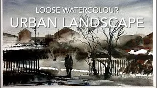SIMPLE ABSTRACT URBAN Watercolour Landscape PAINTING, 5 COLOURS Winter Loose Watercolor Techniques