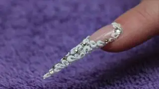 NSI Nails : Reverse French Glitter Acrylic Stiletto With 3D Lace
