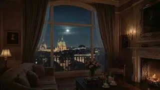 Moonlit Gentle Classical Music & Fireplace Crackling | A Cozy European Night