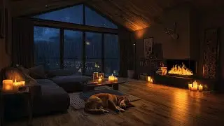 Cozy Cabin Thunderstorm & Fireplace ⛈️ Heavy Rain, Lightning & Sleeping Cat