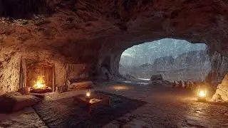 Campfires & 8 Hours of Night in a Cave in Rainy Desert | Crackling Fire & Rain Sounds