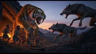 Millions of Years Ago: Tiger vs Homo habilis & Wolves