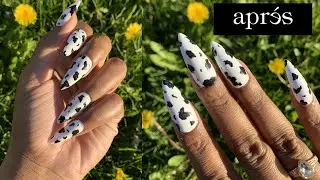 RESHAPING APRES GEL X COFFIN TIPS TO STILETTO TIPS + COW PRINT DESIGN
