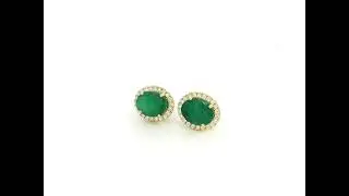 Emerald & Diamond Halo Stud Earrings in 18K Yellow Gold