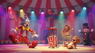  Tom dressed as a clown, Jerry laughing hard, circus background